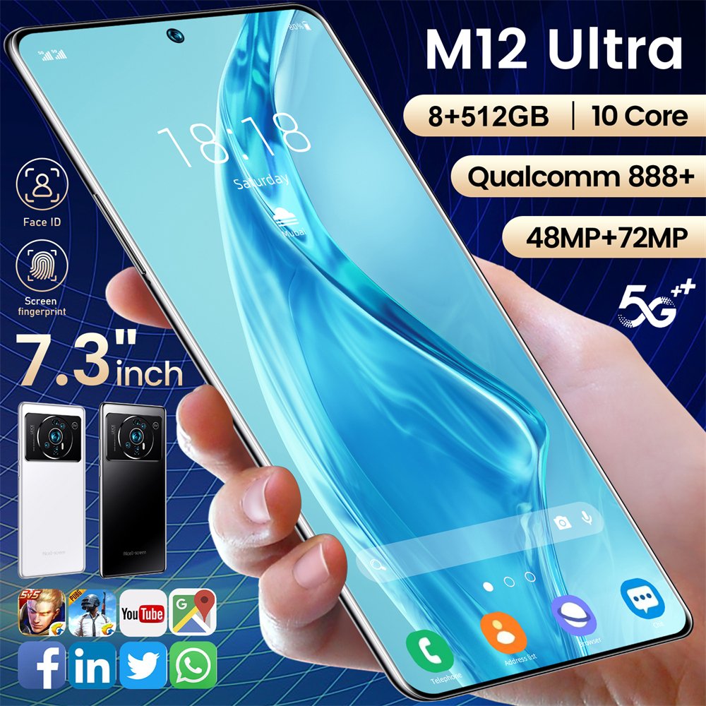 Foreign trade cross-border mobile phone network game video smartphone M12 8+512 large memory 7.3 inch large screen Android